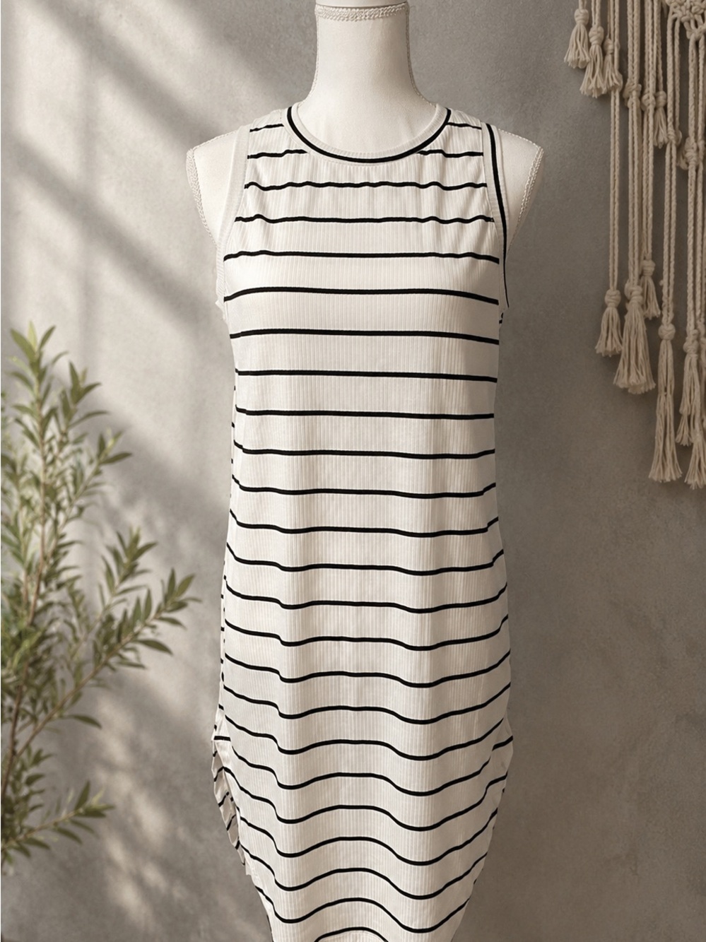 Sleeveless White Dress with Black Stripes
